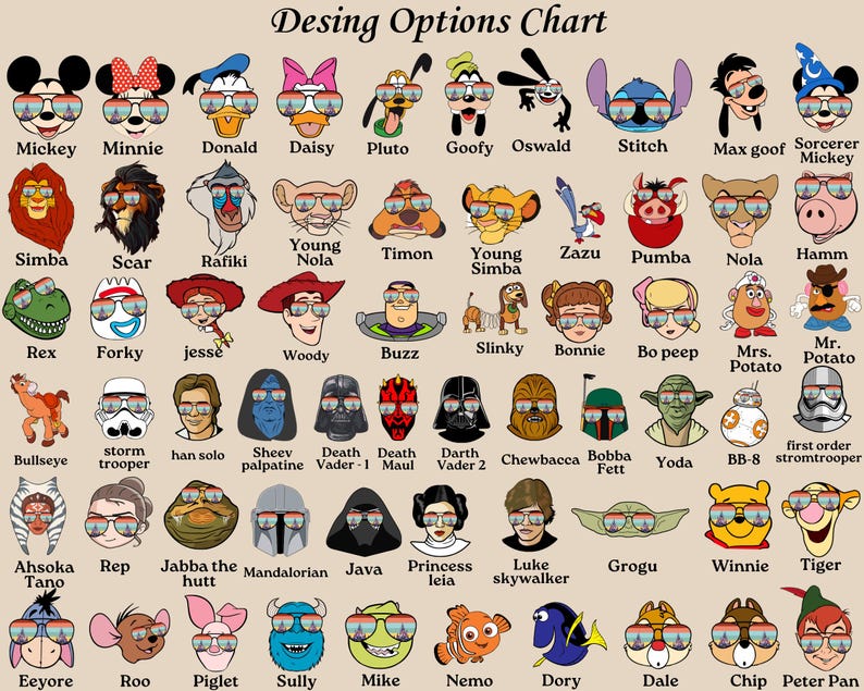 K&ouml;nnte beinhalten: Eine Design-Options-Tabelle mit Zeichentrickfiguren wie Mickey Mouse, Darth Vader und Winnie the Pooh, die alle eine Sonnenbrille tragen. Der Text "Desing Options Chart" steht oben. Die Charaktere sind in Reihen und Spalten angeordnet.