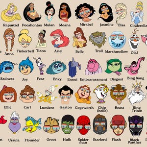 K&ouml;nnte beinhalten: Eine bunte Illustration mit Cartoon-Charakteren, darunter Disney-Prinzessinnen und Superhelden, die alle Sonnenbrillen tragen. Die Namen der Charaktere, wie Rapunzel und Hulk, sind darunter abgedruckt.