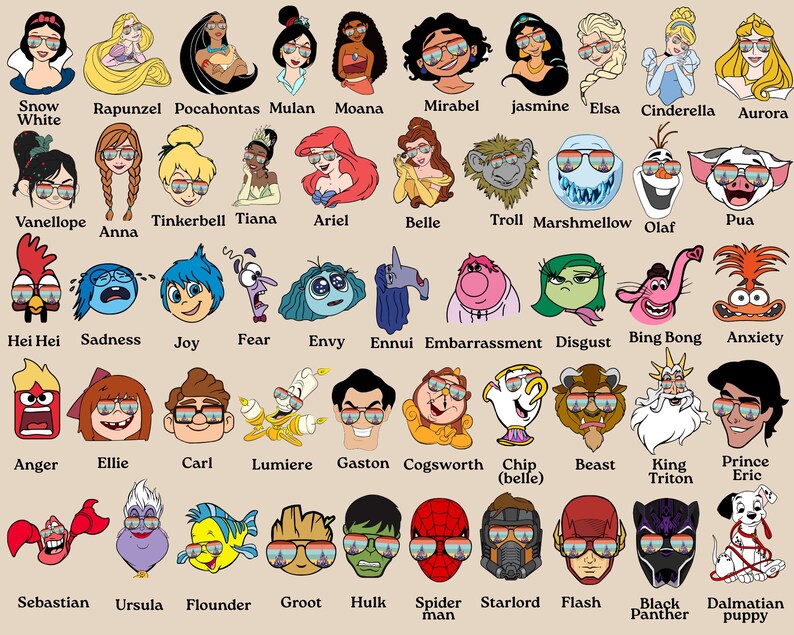 K&ouml;nnte beinhalten: Eine bunte Illustration mit Cartoon-Charakteren, darunter Disney-Prinzessinnen und Superhelden, die alle Sonnenbrillen tragen. Die Namen der Charaktere, wie Rapunzel und Hulk, sind darunter abgedruckt.