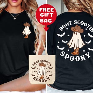 Boot Scootin&#39; Spooky T-Shirt with Free Gift Bag,Front and Back Halloween Party Tee,Cowboy Ghost,Western Halloween Shirt,Cute Spooky Graphic