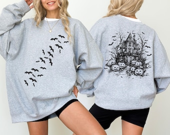 Halloween Haunted House Sweatshirt, Halloween Scene Hoodie, Halloween Bats Sweat, Cute Spooky Season Tee, Retro Halloween, Halloween Shirt