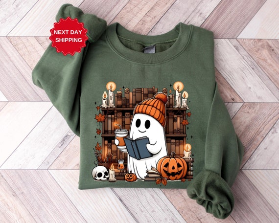 Retro Ghost Reading Books Sweatshirt, Librarian Ghost Halloween, Halloween Teacher Sweatshirt, Halloween Shirt, Halloween Gift