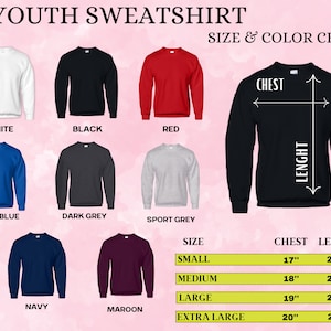 Puede incluir: Tabla de colores y tallas para sudaderas juveniles. Los colores disponibles son blanco, negro, rojo, azul real, gris oscuro, gris deportivo, azul marino y granate. La tabla de tallas muestra las medidas de pecho y largo.