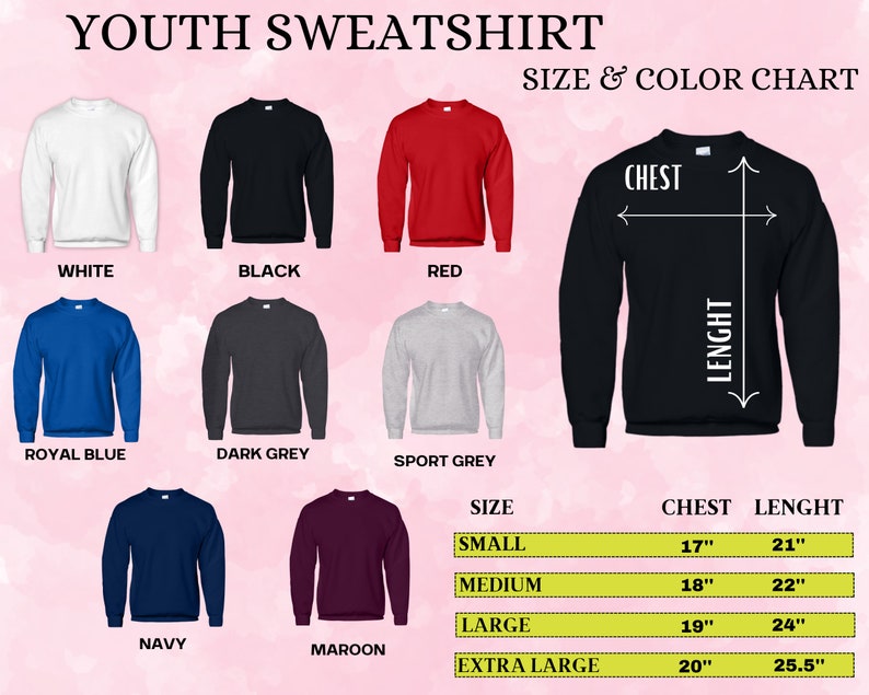 Puede incluir: Tabla de colores y tallas para sudaderas juveniles. Los colores disponibles son blanco, negro, rojo, azul real, gris oscuro, gris deportivo, azul marino y granate. La tabla de tallas muestra las medidas de pecho y largo.
