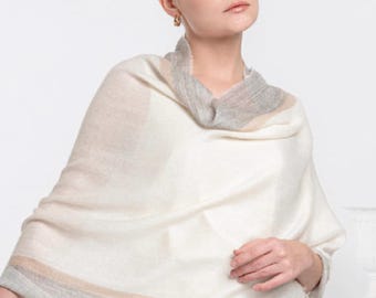 Alpaka Schal Wrap- Alpaka & Seide Mischung Off White Grey Tan