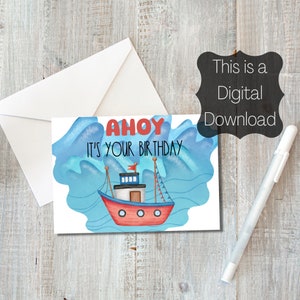 Carte d'anniversaire AHOY, carte numérique, téléchargement immédiat, carte à imprimer à la maison, carte d'anniversaire de yacht