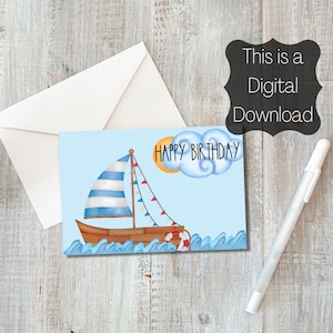 Sailboat Birthday card, Digital card, Instant Download, Print at home card