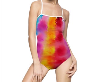 Elevate your Style with our Rainbow Women's One-piece Swimsuit, Displaying an Enchanting Spectrum of Green, Yellow, Red, and Lilac Tones