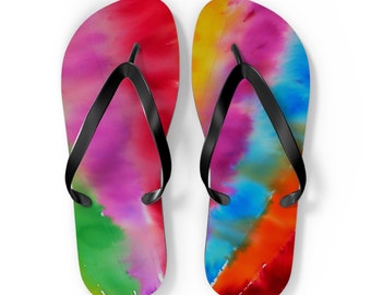 Elevate your Style with our Rainbow Flip Flops, Flaunting a Mesmerizing Array of Green, Yellow, Red, Lilac Hues Drawn From Original Artwork.