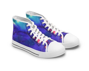 Indulge in Women's High Top Sneakers adorned with a mesmerizing Starry Sky, showcasing a blend of Blue and Pink Cosmos in an Stunning Design