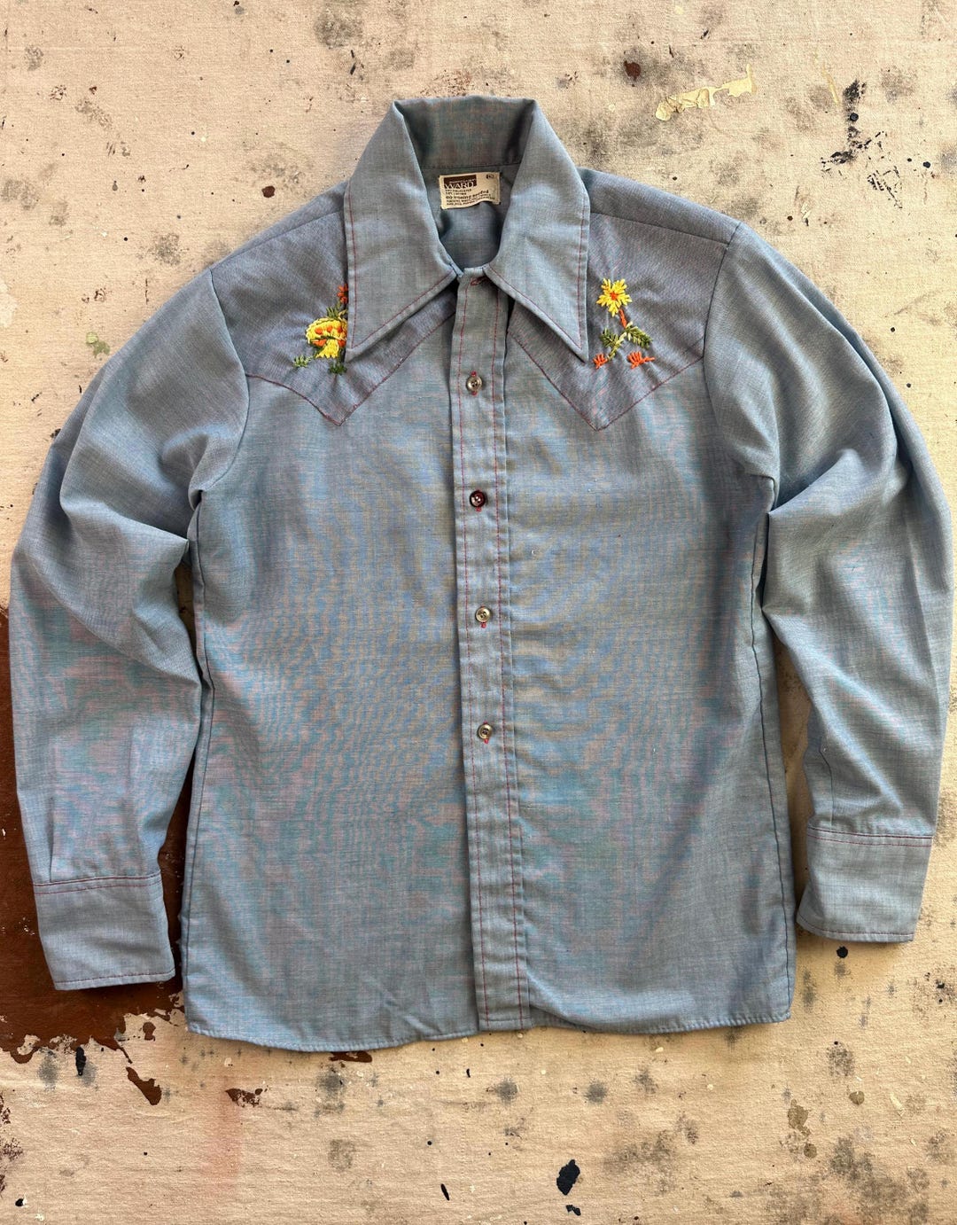 Vintage 1970s Montgomery Ward Hand Embroidered Western Chambray Button ...