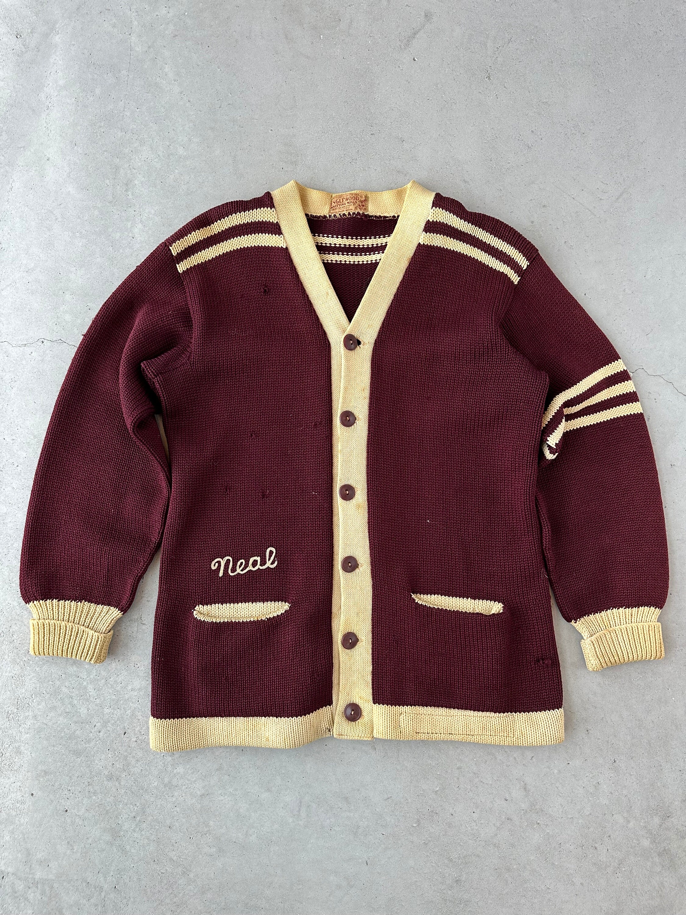 Vintage 1940s Englewood Knitting Mills Varsity Wool Knit Cardigan 
