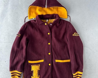 Vintage Butwin Irondale jaren 70 bordeaux geel wollen leren varsity jack met rits en capuchon - klein