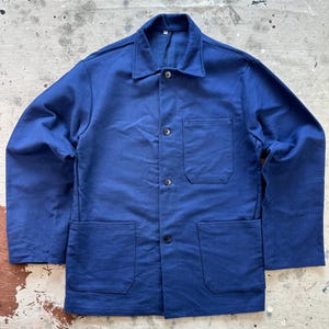 Vintage Deadstock 1960s European French Workwear Bleu de Travail Blue Cotton Moleskin Chore Jacket