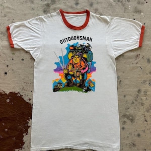 Camiseta vintage de los años 70 con dibujos animados de Outdoorman, termoadhesiva