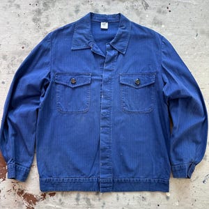 Jaqueta vintage francesa de trabalho europeia Bleu de Travail HBT de algodão azul com 2 bolsos, anos 70