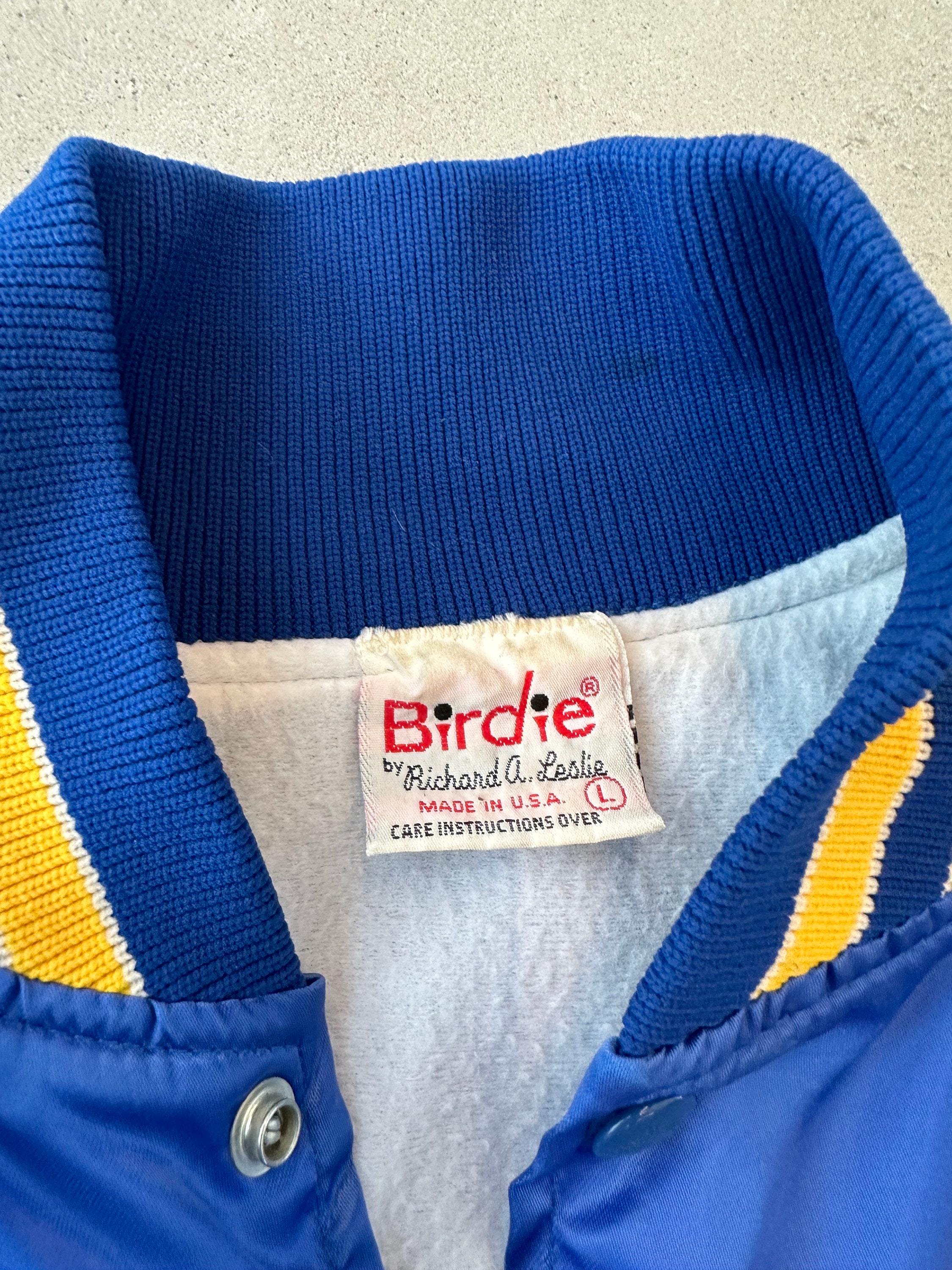 Vintage 1980s Birdie Blue Satin Cheerleader Bomber Jacket - Large 