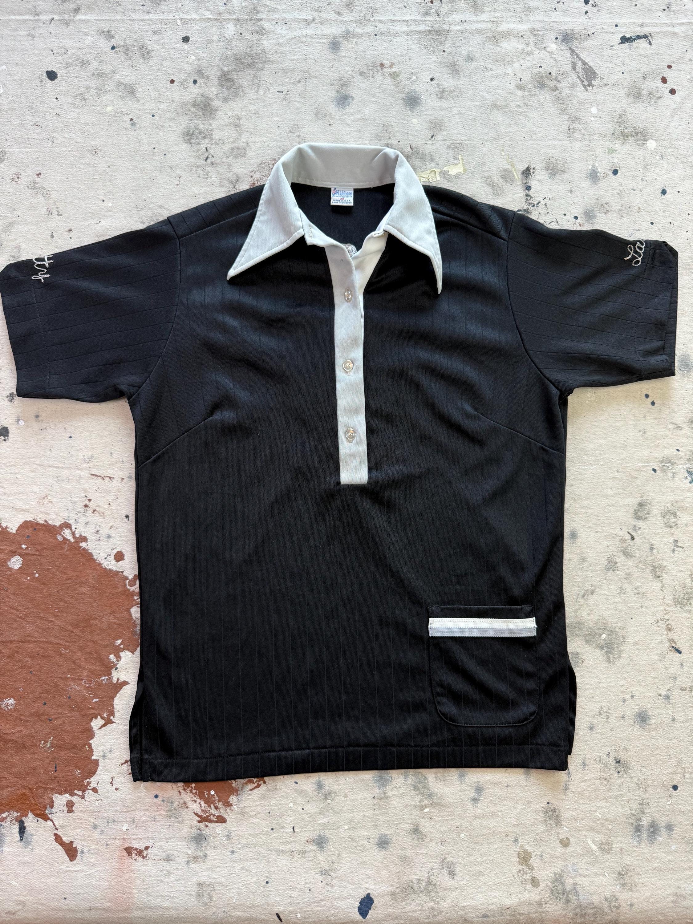 Vintage 1970s Hilton Chain Stitch Black Bowling Polo Shirt - Small 