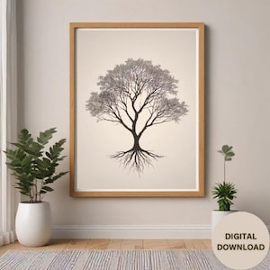 May include: A black and white line drawing of a tree with roots, framed in a light wood frame. The tree is centered on a light beige background.