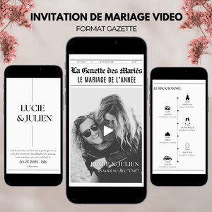 Invitation Mariage Video, Invitation Gazette des Mariés, Faire Part Mariage, Video Wedding Invitation Template Canva DIY Wedding Newspaper