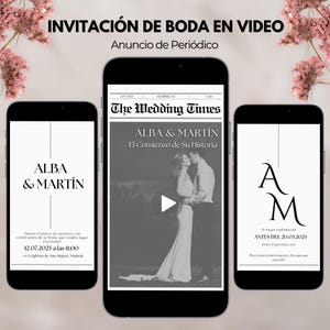 Pode incluir: Três smartphones exibindo um convite de casamento. O telefone central mostra um anúncio em estilo jornal com o texto "ALBA & MARTÍN" e uma foto de um casal. Os outros telefones mostram os nomes e detalhes do casamento.