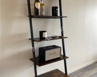 MERY Leiter Regal - 5-Tier Bücherregal Rack - Rustikale Holzlehne Regal für Wohnzimmer Küche Büro Rustikale Braune Holzmöbel