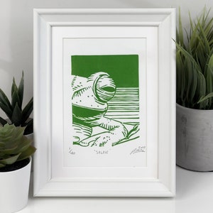 Small green frog print relief art print gift for animal lover gift for friend handmade hand-pressed linocut