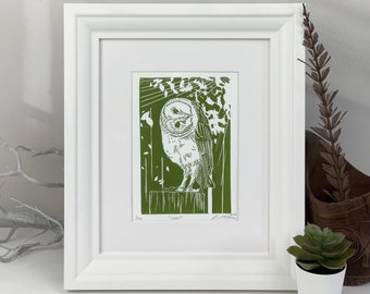 Inquisitive Owl print relief art print gift for animal lover gift for friend handmade hand-pressed linocut