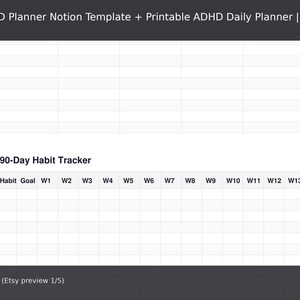 May include: A digital planner template with a 90-day habit tracker. The template includes sections for tracking habits, goals, and weekly progress. The text "ADHD Planner Notion Template" and "COVER (Etsy preview 1/5)" are visible.