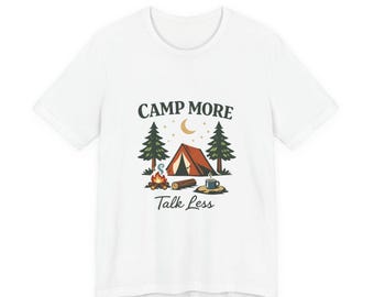 Camiseta "Acampa más, habla menos" / camiseta vintage de camping, humor sano para actividades al aire libre