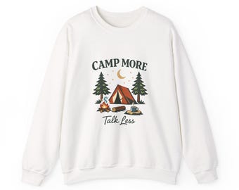 Sudadera "Acampa más, habla menos" / Ilustración vintage de acampada, meme saludable
