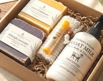 Natural Spa Gift Set: Goat Milk Lotion, Handcrafted Soap, Lip Balm & Sisal Bag, Graduation gift for her, mom, sister, friend