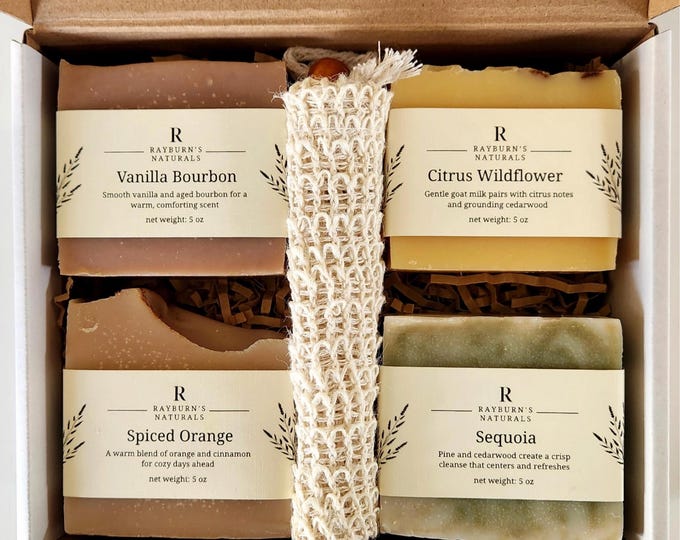 Bridesmaid Gift, All Natural Soap Gift Box Spa Set: Handcrafted Organic Soaps & Sisal Bag, Wedding Favor, Graduation, Her, mom, sister