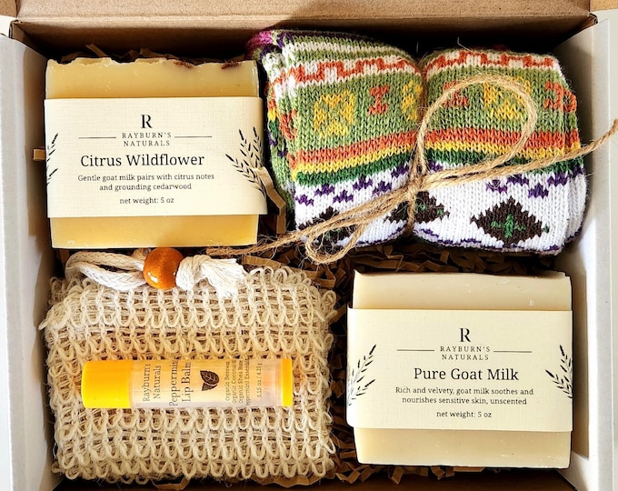 Bridesmaid Gift, All Natural Spa Gift Box: Handcrafted Soap, Cozy Socks, Lip Balm & Sisal Bag, Wedding Favor, Graduation