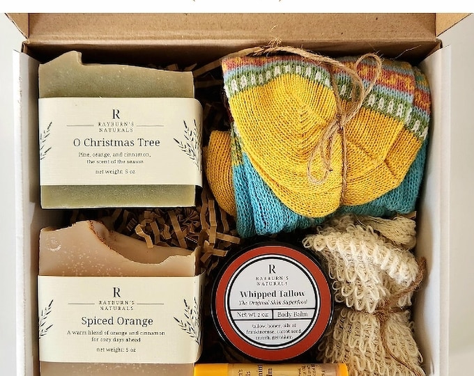 Bridesmaid Gift,Natural Spa Gift Set: Tallow Cream, Handcrafted Soap, Cozy Socks & Sisal Bag, Wedding Favor, Graduation, Her, Mom, Sister