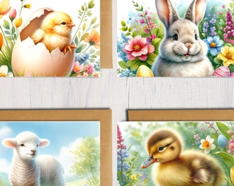 Easter cards, set of 4, for kids, printable, digital, lamb, duck, chick, rabbit, not a physical product, instant download, original. 5" x 7"