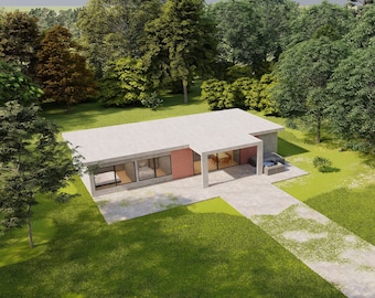 May include: A modern, single-story house with a flat roof and a large patio. The house is painted white with a red brick accent wall. The patio is made of concrete and has a small table and chairs.