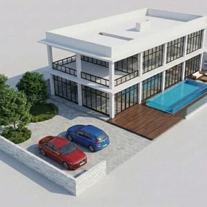 May include: A contemporary two-storey house with a flat roof, extensive glazing, and a balcony. A rectangular swimming pool is next to the house. Two cars, one red and one blue, are parked in front. Green trees and landscaping are also present.