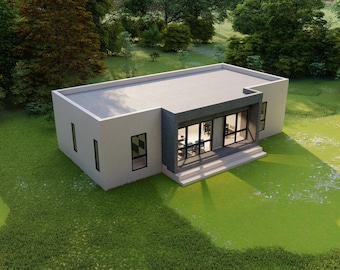May include: A modern, single-story house with a flat roof and large glass windows. The exterior is light gray with dark gray accents. The house is surrounded by green grass and trees, creating a serene environment.
