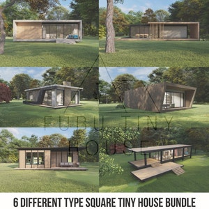 Op de afbeelding: Een samengestelde afbeelding met zes verschillende vierkante tiny house-ontwerpen. Elk huis heeft moderne architectuur met glazen wanden, houten accenten en verschillende daklijnen. De huizen staan in een groene buitenomgeving. Tekst: 6 DIFFERENT TYPE SQUARE TINY HOUSE BUNDLE.