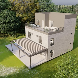 May include: A modern two-story house with a light gray exterior and a flat roof. The house features a patio with a pergola and a balcony with a black railing. The surrounding area is lush with green grass and trees.