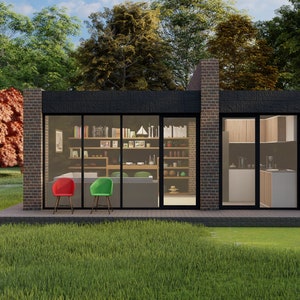 Klein huis, huisplan, modern huis, klein huis, framehuis, boerderij, berghuis, huis met 1 slaapkamer, huisplan 1 slaapkamer, digitaal