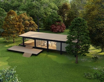 Modern 2 Bedroom House Plan: Glass Facade, Small Home (Digital)