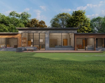May include: A modern, gray and brown house with large windows and a patio. The house is surrounded by green grass and trees.