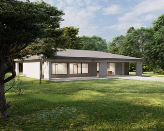 May include: A modern, single-story house with a flat roof and large windows. The house is painted white and has a concrete driveway. The house is surrounded by trees and grass.