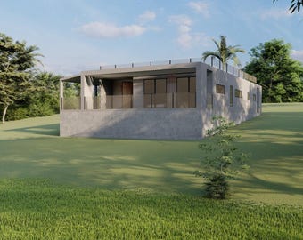 May include: A modern, single-story house with a concrete exterior and a flat roof. The house has large windows and a patio with a railing. The house is surrounded by green grass and trees.