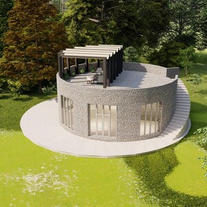 May include: A contemporary, circular stone building with a flat roof and a pergola. The building features large windows and a white concrete base. The structure is surrounded by green grass and trees.
