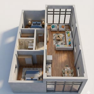May include: An architectural rendering of a modern apartment layout. The design features a living room with a sectional sofa, a dining area, two bedrooms, a bathroom, and a kitchen. The interior has hardwood floors and large windows.