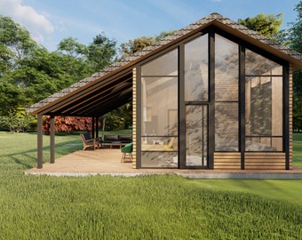 Può includere: Una casa moderna a un piano con un'ampia parete di vetro e un portico coperto. La casa è circondata da erba verde e alberi.