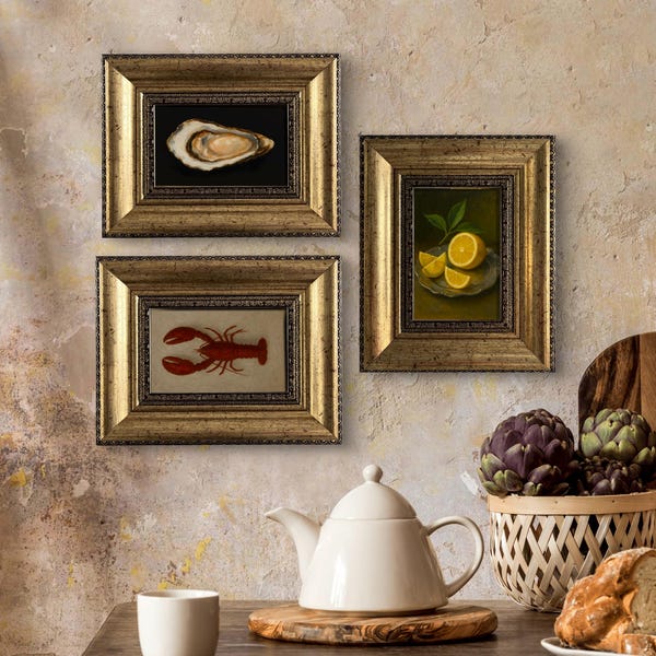 Arte mural de cocina francesa: conjunto de 3 pinturas al óleo originales enmarcadas: langosta, limón y ostra